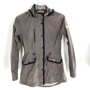 Frieda & Freddie's Womens Shell Rain Jacket Cinched Waist Gray Hooded Pockets S‎